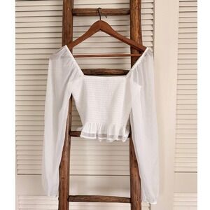 Hollister White Smocked Square Neck Peplum Long Sleeve Crop Top XS